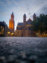 Church building facade with lights in Maastricht
