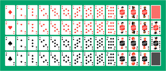 Poker set with isolated cards on green background. Playing Cards Deck Full Complete