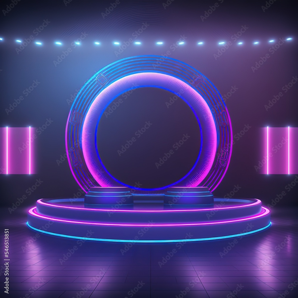 Poster empty neon stage for product replacement with futuristic circles . digital stand for gadgets, scene.