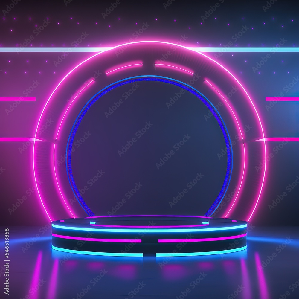 Poster empty neon stage for product replacement with futuristic circlesd. digital stand for gadgets, scene.