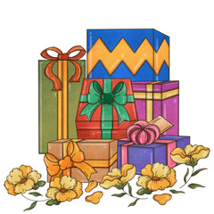 A pile of gift boxes decorated with flowers for women. Can be used for anniversaries, weddings, birthdays, Christmas, New Year, special days, parties. Crayon illustrations on Procreate programs.