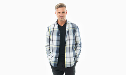 Fototapeta premium happy unshaven guy casual style. studio shot of grizzled guy. mature unshaven guy isolated on white.