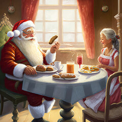 Santa Claus having breakfast with Mrs Claus