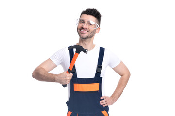 happy proud repairman hold hammer isolated on white background. repairman occupation concept.
