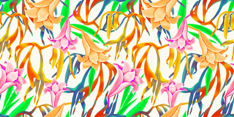 Colourful Seamless Pattern with tropic flowers and leaves. Hi quality fashion design. Fresh and unique botanical background - 546515462
