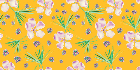 Colourful Seamless Pattern with tropic flowers and leaves. Hi quality fashion design. Fresh and unique botanical background - 546515610