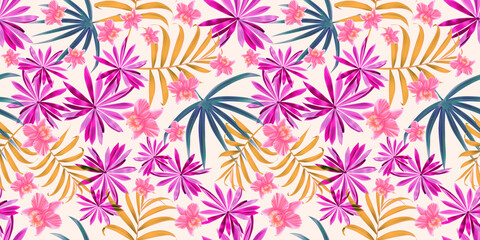 Colourful Seamless Pattern with tropic flowers and leaves. Modern exotic design for paper, cover, fabric, interior decor and other users.... - 546515632