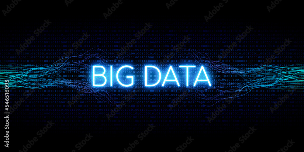 Poster Abstract technology background in concept big data by text and Neural network and binary code background in blue green light on black background.