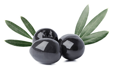 Close up of olives with olive leaves isolated on white