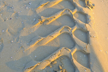 tire tracks in sand close-up across the sunlight. Road close-up. Car tire in the desert. Transportation infrastructure.