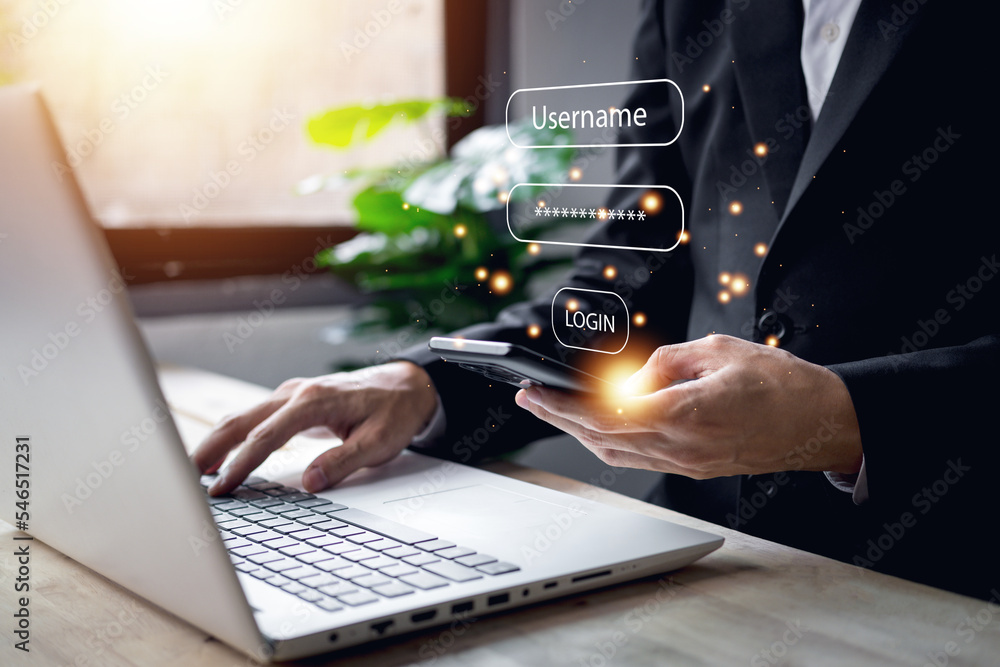 Aufkleber username and password (login) for technology cyber security internet and networking system. business