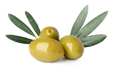 Close up of olives with olive leaves isolated on white