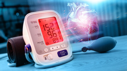 Measurement of blood pressure. Automatic medical blood pressure monitor. ?ypertensive heart...
