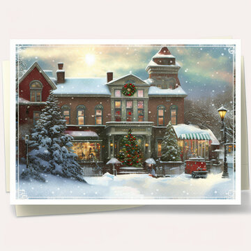 Painted vintage postcard of a Christmas tree in the snow, with a small town building decorated for Christmas