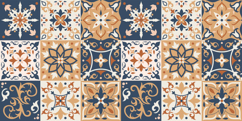 Seamless colorful patchwork tile with Islam, Arabic, Indian, ottoman motifs. Majolica pottery tile. Portuguese and Spain azulejo. Ceramic tile in talavera style. Vector illustration.
