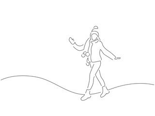 Woman wearing warm clothes in line art drawing style. Composition of a winter scene. Black linear sketch isolated on white background. Vector illustration design.