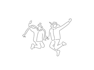 People wearing warm clothes in line art drawing style. Composition of a winter scene. Black linear sketch isolated on white background. Vector illustration design.