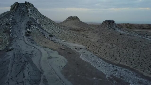 Fly over active volcano with mud eruption in azerbaijan near iran in asia 2022