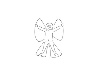 Fototapeta na wymiar Person making an angel in the snow in line art drawing style. Composition of a winter scene. Black linear sketch isolated on white background. Vector illustration design.