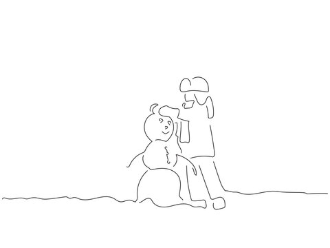 recommend clip art: Kid making a snowman in line art drawing style. Composition of a winter scene. Black linear sketch isolated on white background. Vector illustration design.