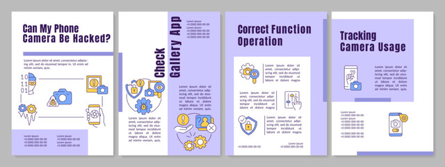 Smartphone camera security purple brochure template. Prevent hacker attack. Leaflet design with linear icons. Editable 4 vector layouts for presentation, annual reports. Anton, Lato Regular fonts used © bsd studio