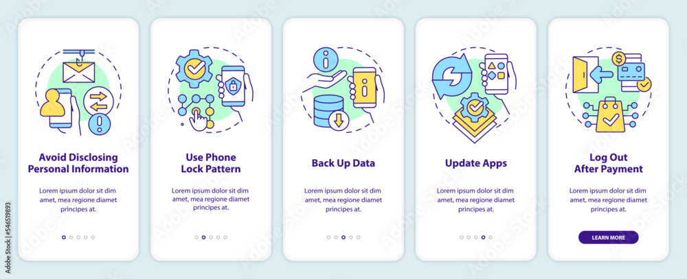 Poster tips to keep your smartphone secure onboarding mobile app screen. walkthrough 5 steps editable graph