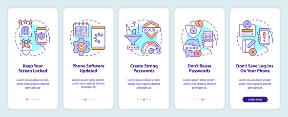 Smartphone security tips onboarding mobile app screen. Digital safety walkthrough 5 steps editable graphic instructions with linear concepts. UI, UX, GUI template. Myriad Pro-Bold, Regular fonts used