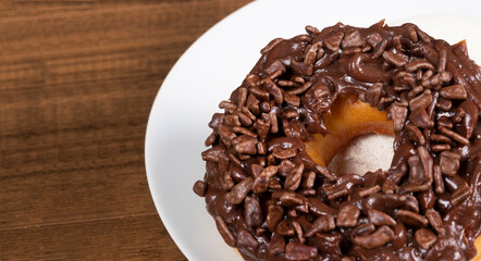 Sweet Donuts with Chocolate Icing. Close-up photograph with empty space for texts on the left.