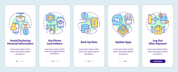 Tips to keep your smartphone secure onboarding mobile app screen. Walkthrough 5 steps editable graphic instructions with linear concepts. UI, UX, GUI template. Myriad Pro-Bold, Regular fonts used