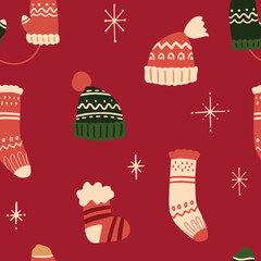 Vector winter Christmas socks, hats and gloves seamless pattern. Hand painted accessories with winter ornament. Cozy cute flat premade wallpaper, wrapping paper, background texture