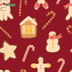 Vector Christmas sweet candy canes, snowman and gingerbread seamless pattern. Hand painted new year sweets illustration. Cozy cute flat premade wallpaper, wrapping paper, background texture