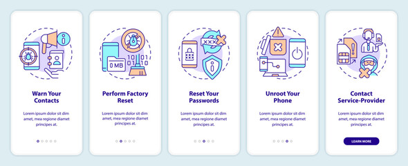 Fix hacked smartphone tips onboarding mobile app screen. Cybersecurity walkthrough 5 steps editable graphic instructions with linear concepts. UI, UX, GUI template. Myriad Pro-Bold, Regular fonts used