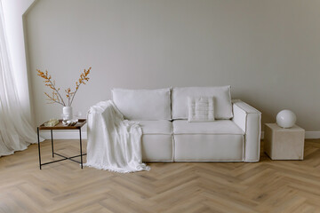 Stylish white sofa and a table with a vase. Minimalistic decor.