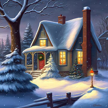 Painting of a winter cabin in the snow on Christmas, with a decorated Christmas tree  