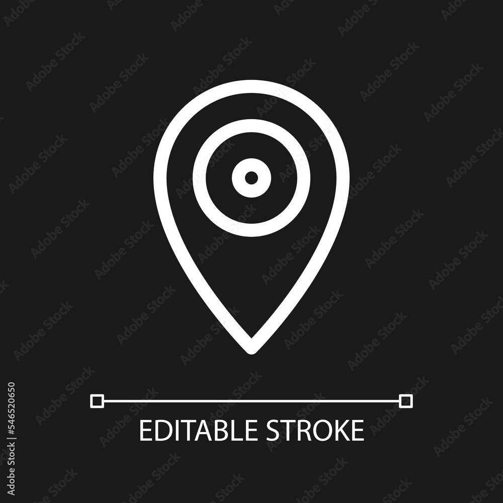 Poster location mark pixel perfect white linear ui icon for dark theme. place on map. navigation tool. vect