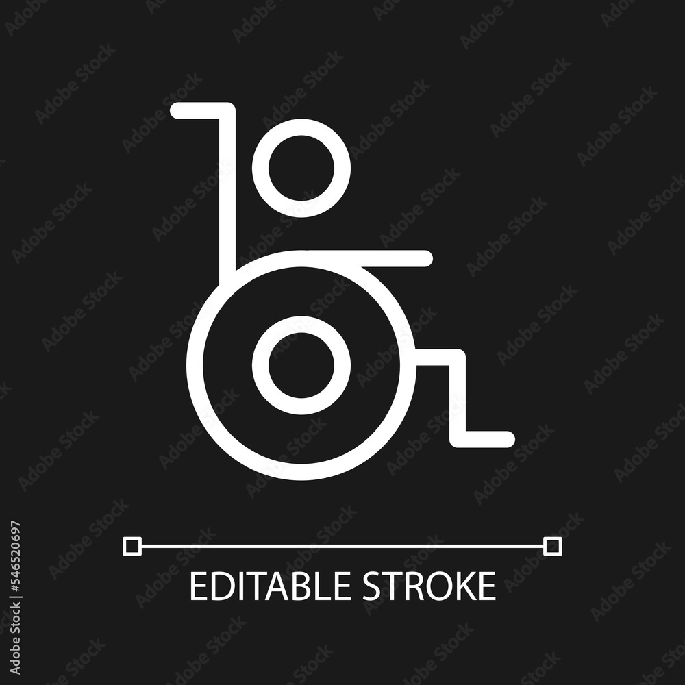 Poster person with disability pixel perfect white linear ui icon for dark theme. figure in wheelchair. vect