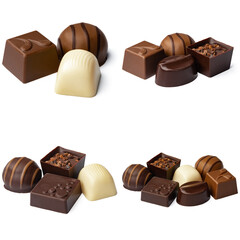 Chocolate candies collection collage isolated on white.