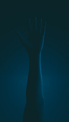Close-up of a raised hand. Blue illumination.