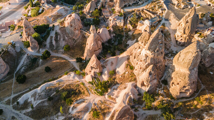 Aerial view of Love Valley to Uchisar Castle. one of the most popular hiking trails in Cappadocia, Turkey. Rock formations is set just outside of Goreme