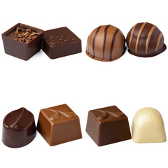 Chocolate candies collection collage isolated on white.