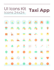 Fototapeta na wymiar Taxi service flat color ui icons set. Urban vehicle order. Digital technology for business. GUI, UX design for mobile app. Vector isolated RGB pictograms. Montserrat Bold, Light fonts used