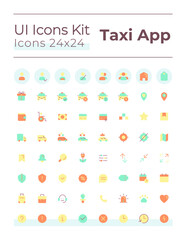 Taxi service flat color ui icons set. Urban vehicle order. Digital technology for business. GUI, UX design for mobile app. Vector isolated RGB pictograms. Montserrat Bold, Light fonts used