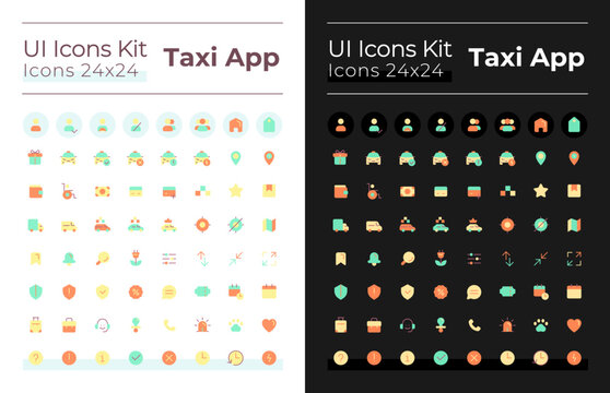 Taxi service flat color ui icons set for dark, light mode. Ordering car online. Urban transport. GUI, UX design for mobile app. Vector isolated RGB pictograms. Montserrat Bold, Light fonts used