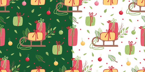 Two seamless patterns with Santa's sled, Christmas baubles and gift boxes on white and green backgrounds. Vector flat illustration. Great for fabrics, wrapping paper, greeting cards.