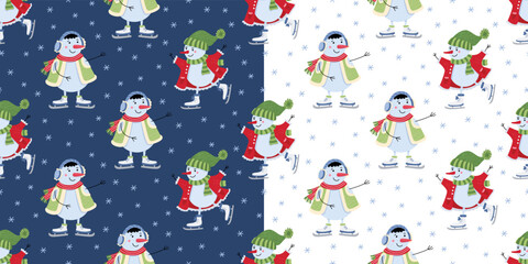 Two seamless patterns with snowmen skating on white and blue backgrounds. Vector flat  illustration. Great for fabrics, wrapping paper, Christmas design