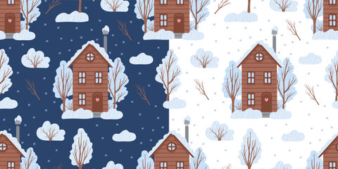 Seamless pattern with countryside winter houses on white and dark blue backgrounds. Vector flat illustration. Great for fabrics, wrapping paper, Christmas design
