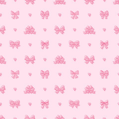 Seamless pink pattern with elegant bows and hearts for decorating gifts, surprises for birthday, valentine's day, christmas and new year. Vector flat illustration