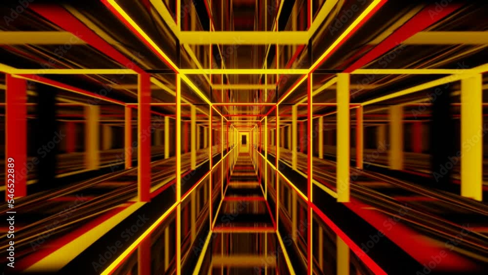 Poster yellow and red green motion graphic design, 3d animation of square wireframe tunnel loop