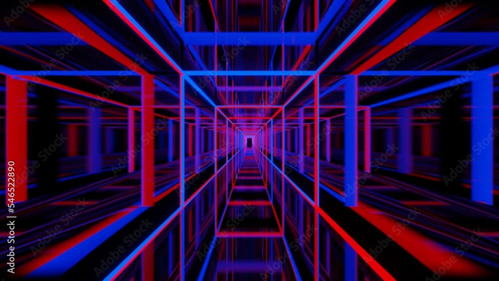 Poster neon green motion graphic design, 3d animation of square wireframe tunnel loop