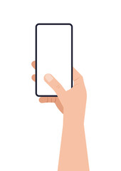 Hand holds mobile phone flat style vector illustration.